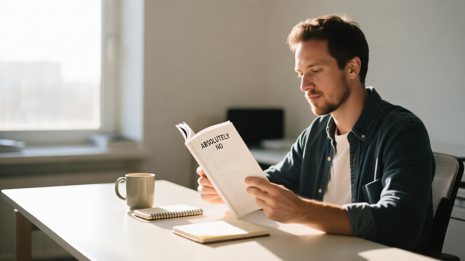 A first-time founder reading at a desk with a notebook and a cup of coffee in morning light