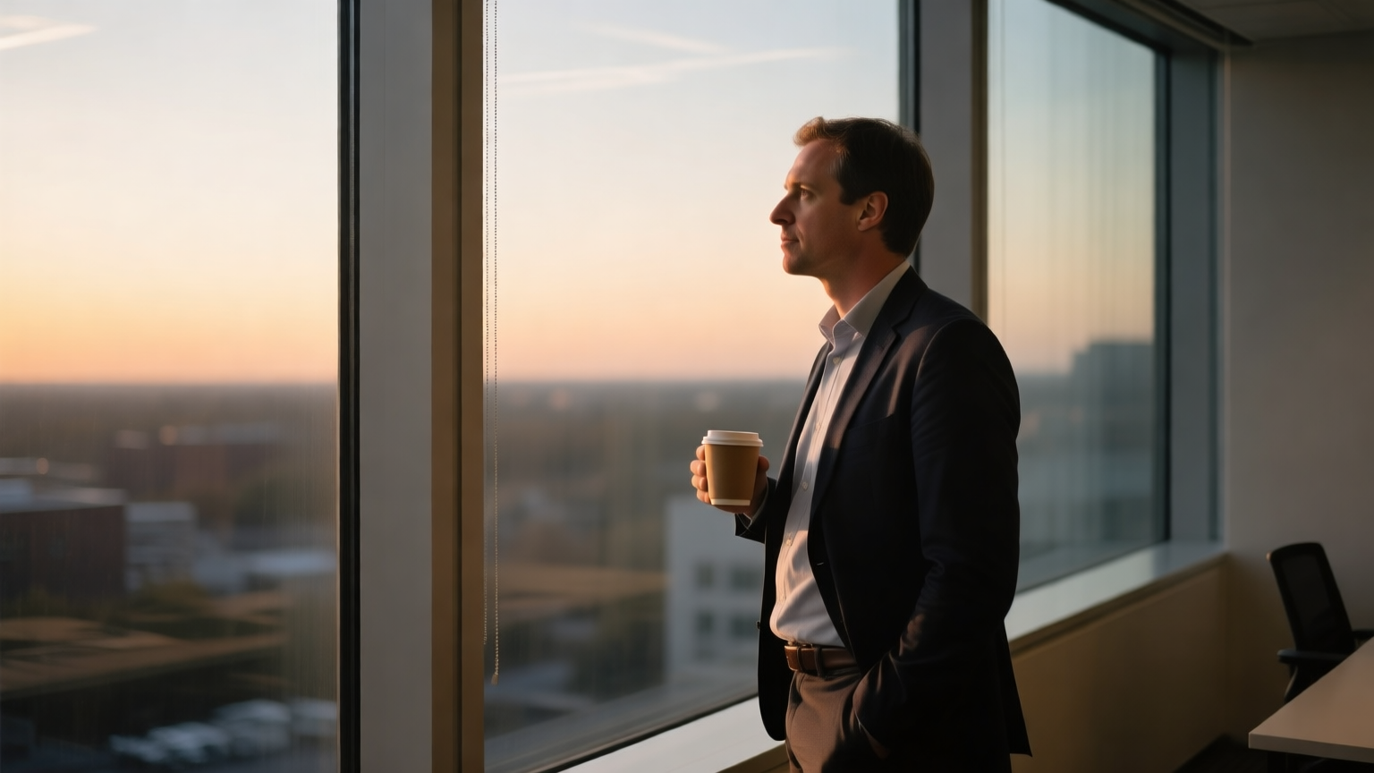 A founder standing at a window in an office at dusk, holding a coffee cup and thinking