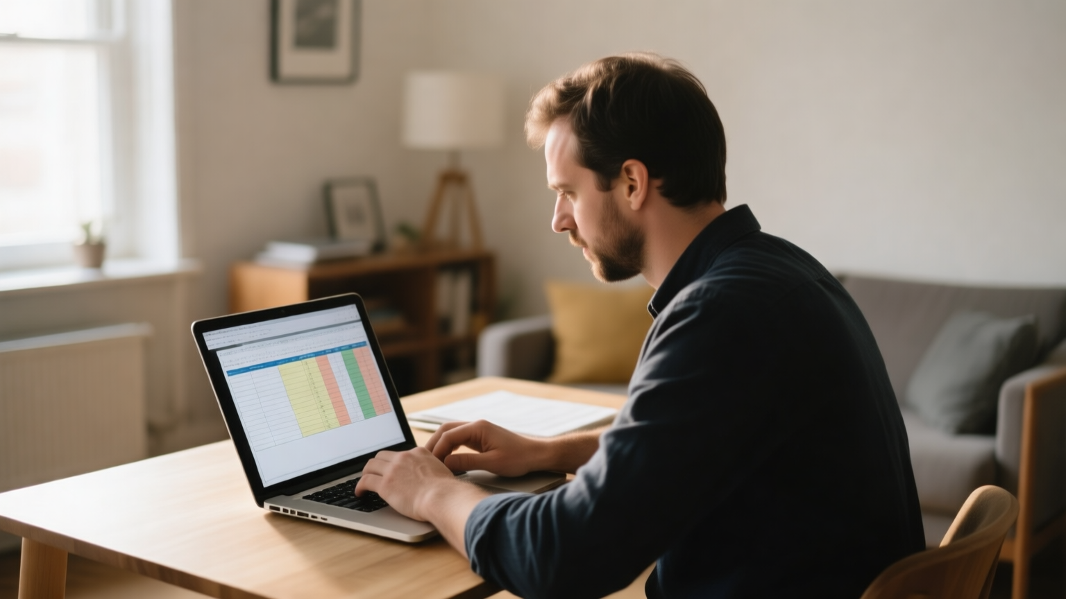 A founder building a spreadsheet on a laptop at a desk in a home office