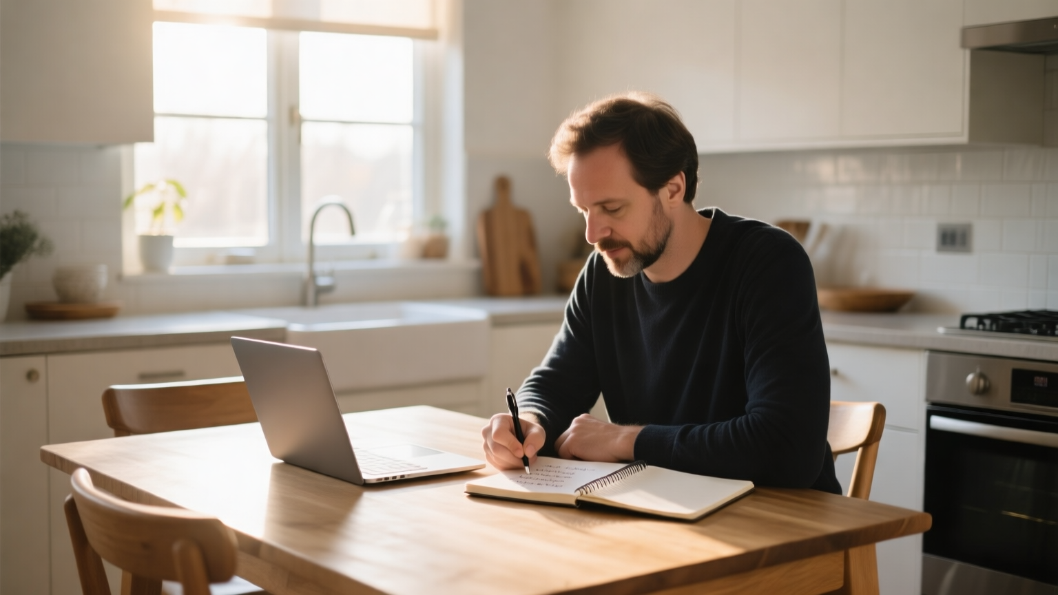 A founder at a kitchen table with a laptop and notebook, sketching a list, morning light through the window
