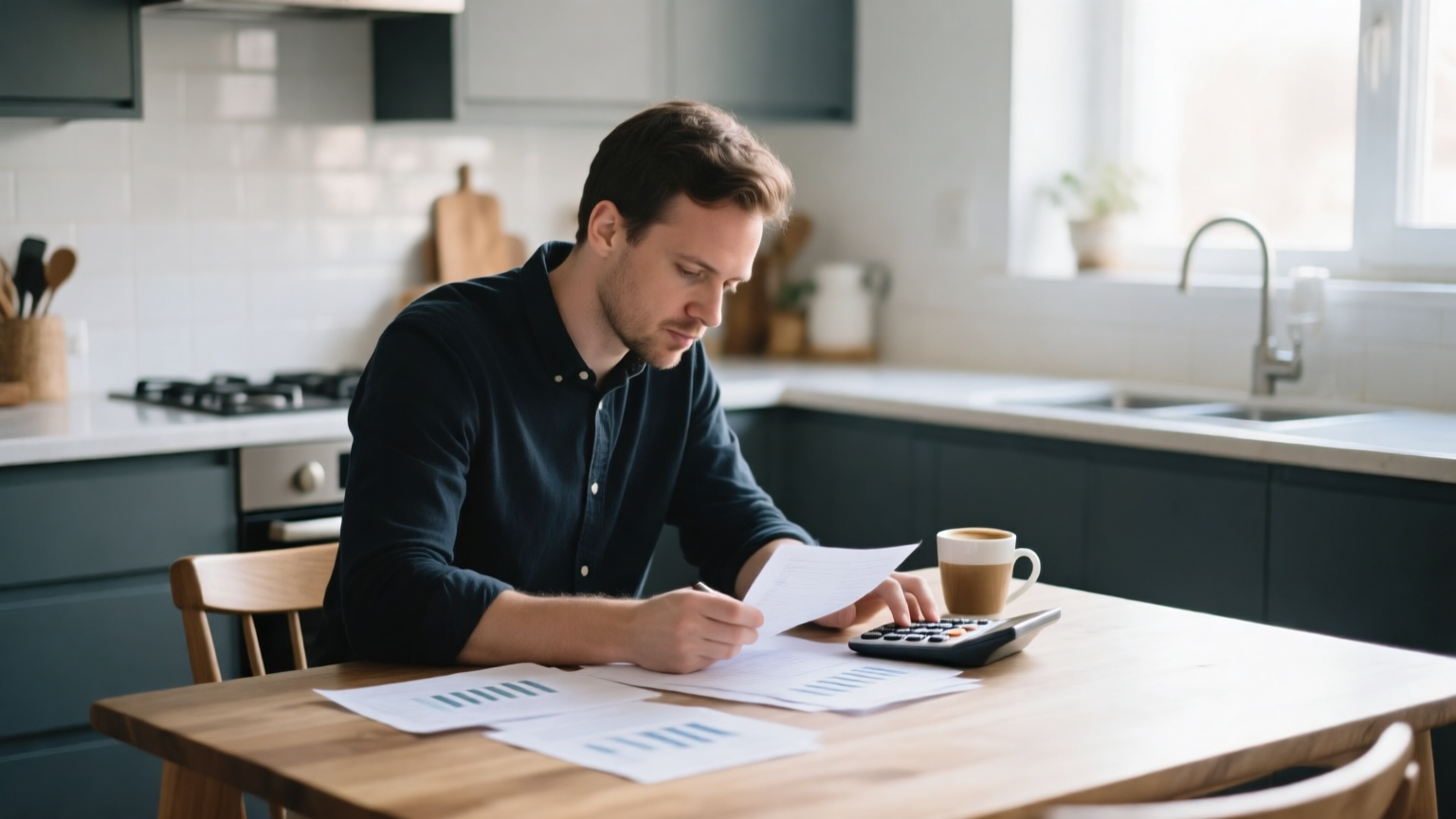 A founder working through ownership numbers on paper at a kitchen table in morning light.