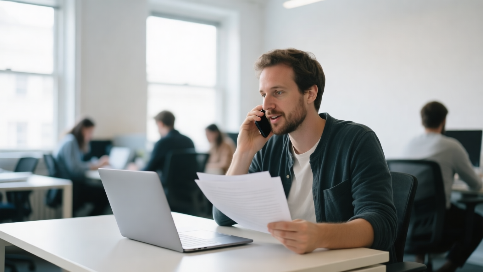 A founder at a desk reviewing signed documents on a laptop while talking on the phone in a small startup office