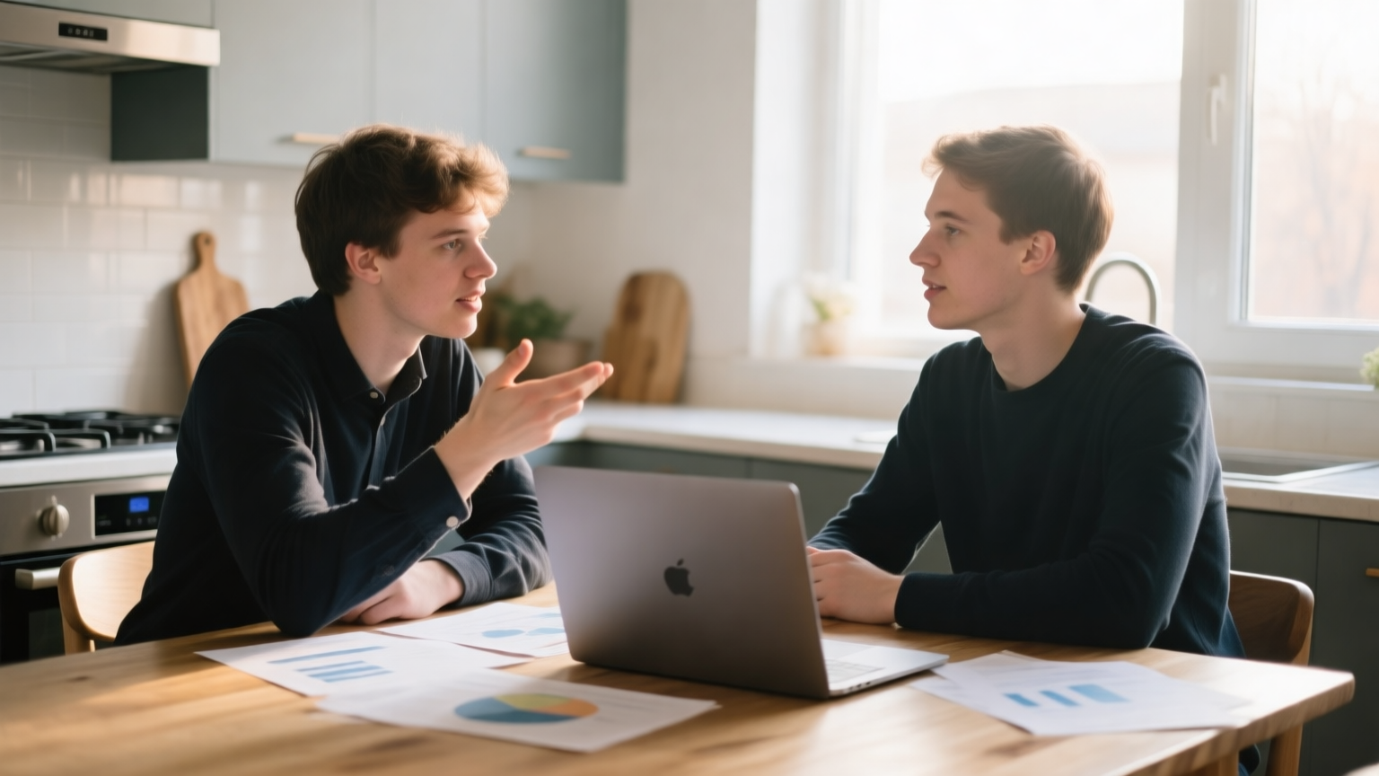 Two startup co-founders sitting side by side at a kitchen table with a laptop and papers, working through a decision together in warm morning light.