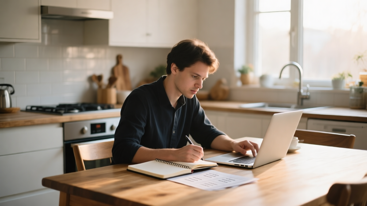 A person at a kitchen table with a notebook and laptop, mapping out numbers in the early morning, calm and deliberate