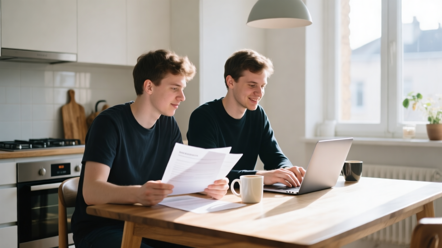Two startup founders sitting at a kitchen table reviewing printed documents and a laptop, working through paperwork together in morning light.