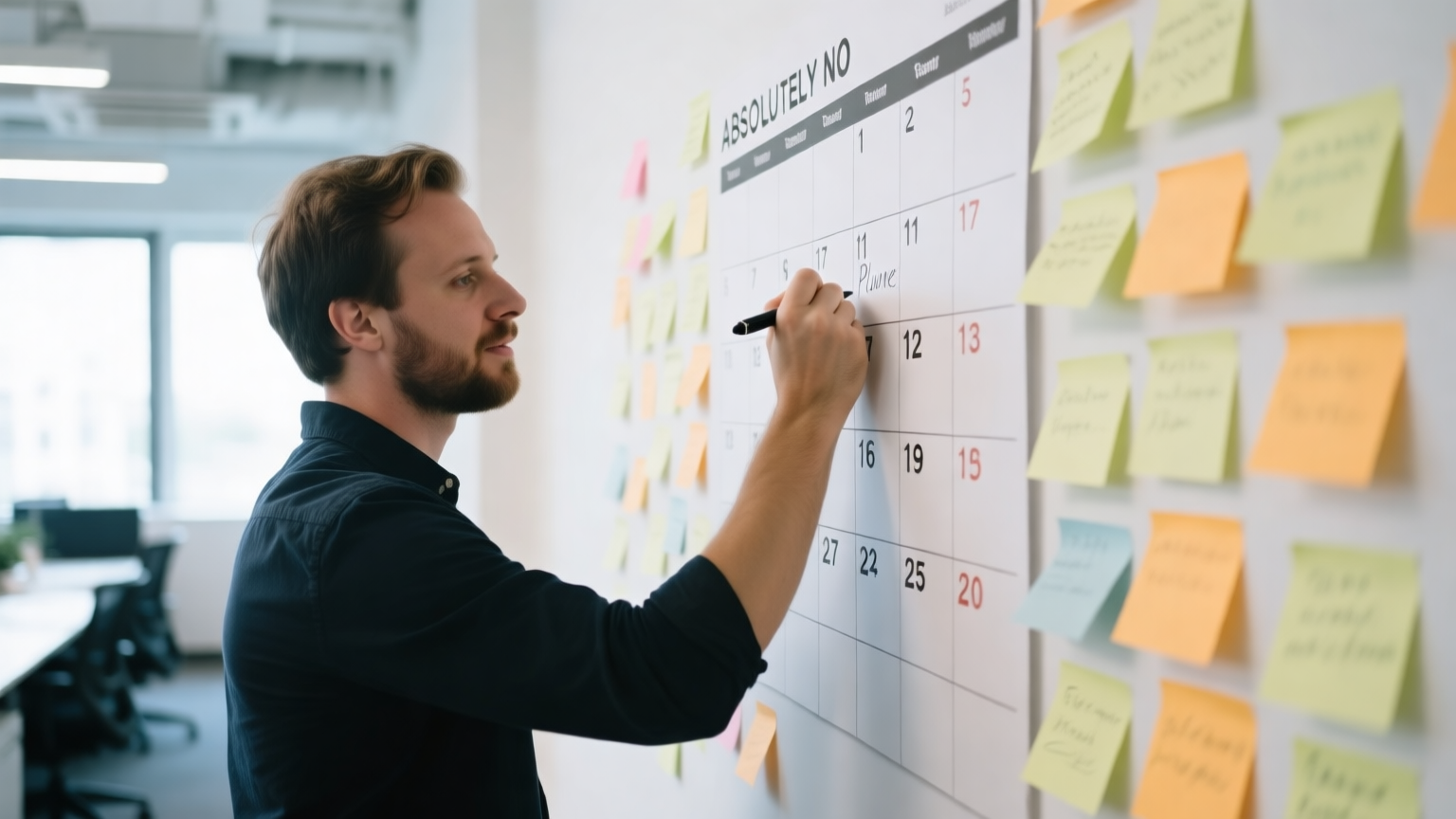 A first-time founder mapping out a fundraising plan on a wall calendar with sticky notes in a startup office