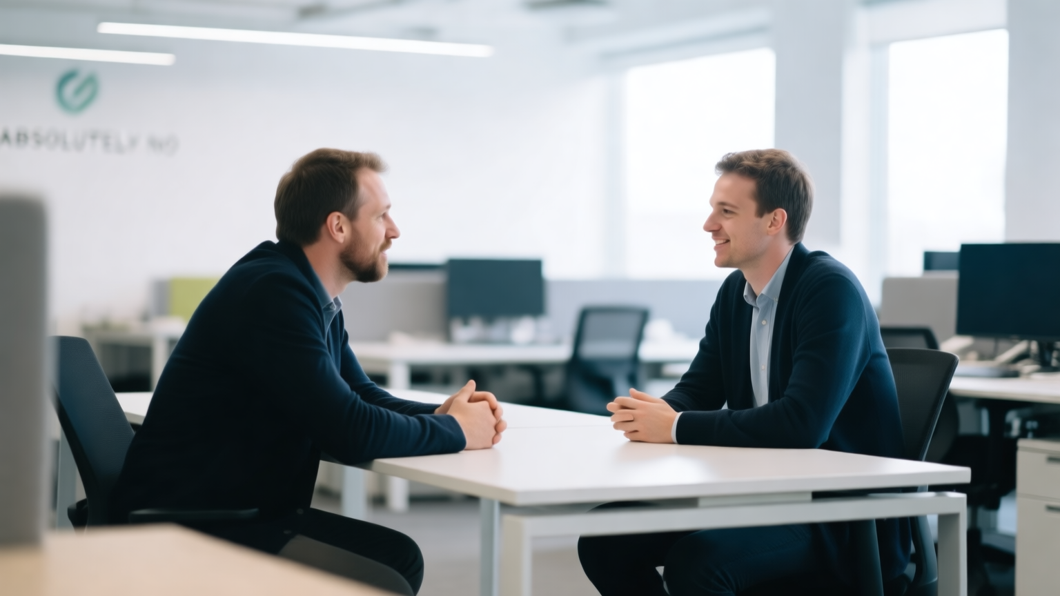 A mentor and a first-time founder talking across a table in a startup workspace
