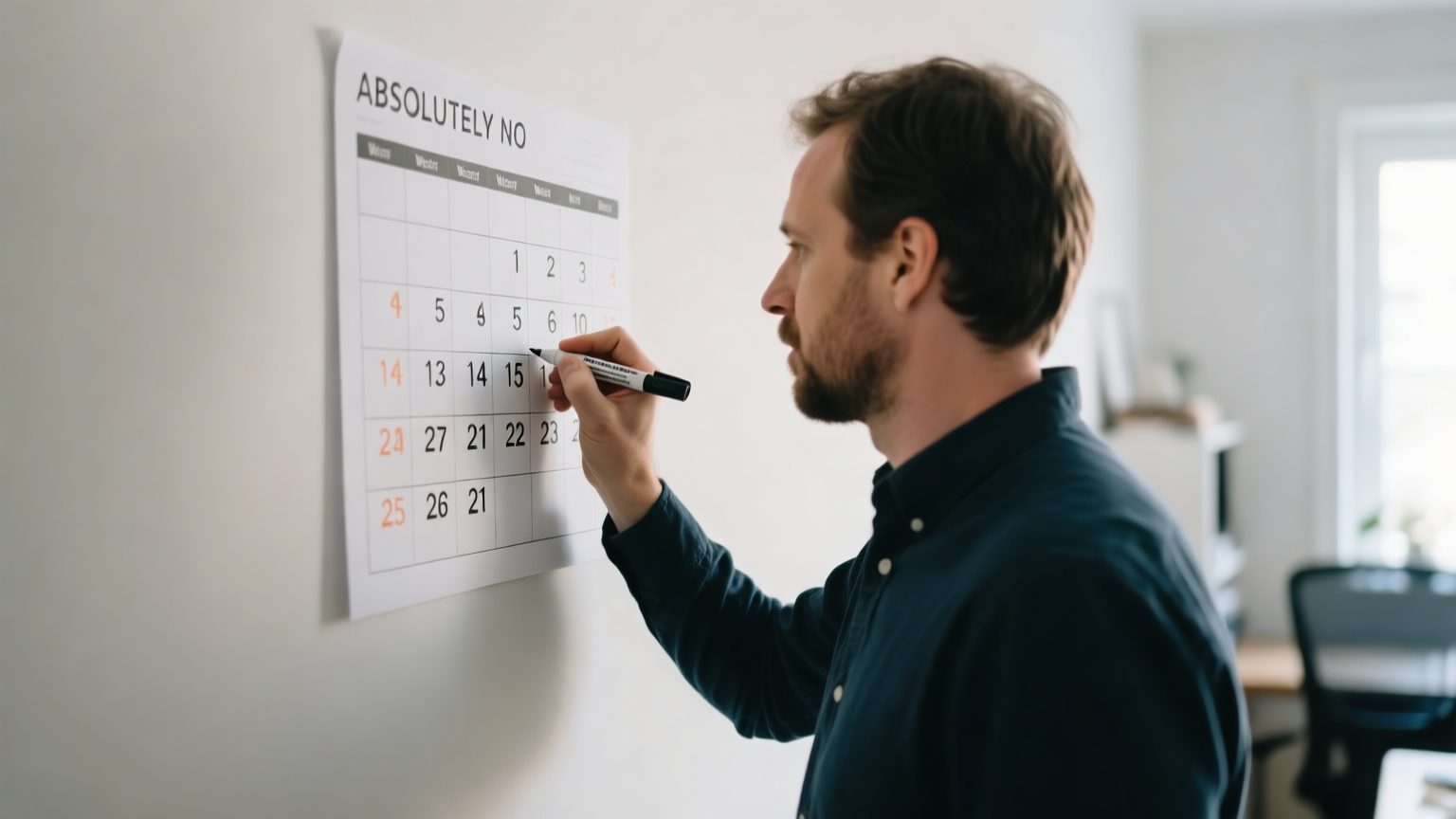 A founder marking a wall calendar with a marker, planning out the weeks of a fundraising process.