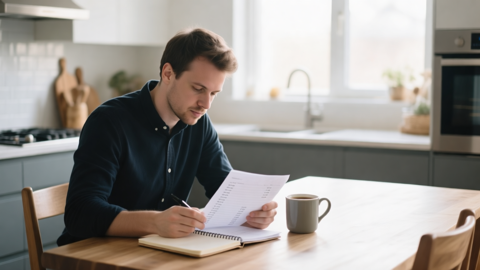 A startup founder working through numbers on a notepad at a kitchen table in morning light