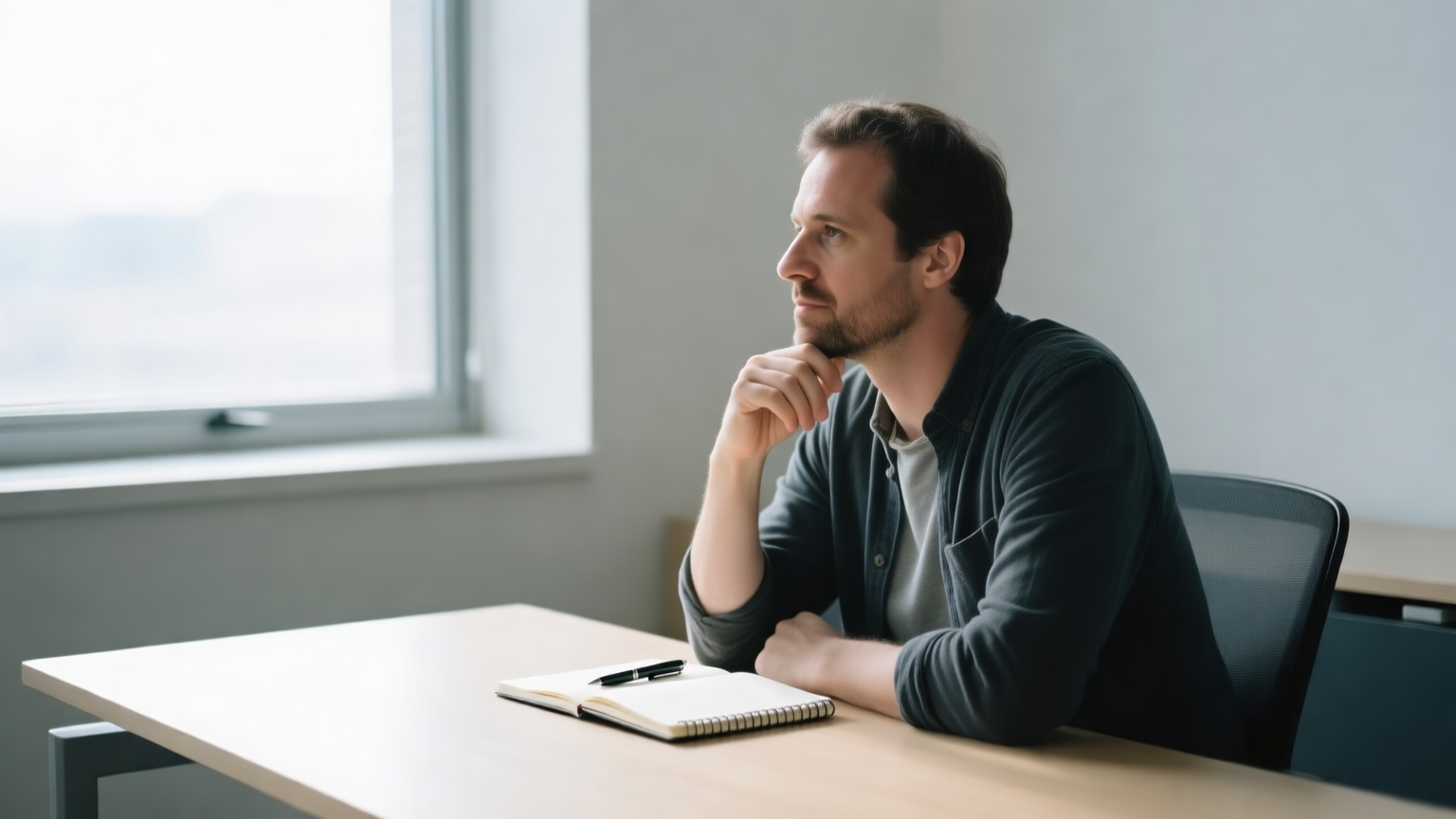 A founder thinking through numbers at a desk near a window in daylight