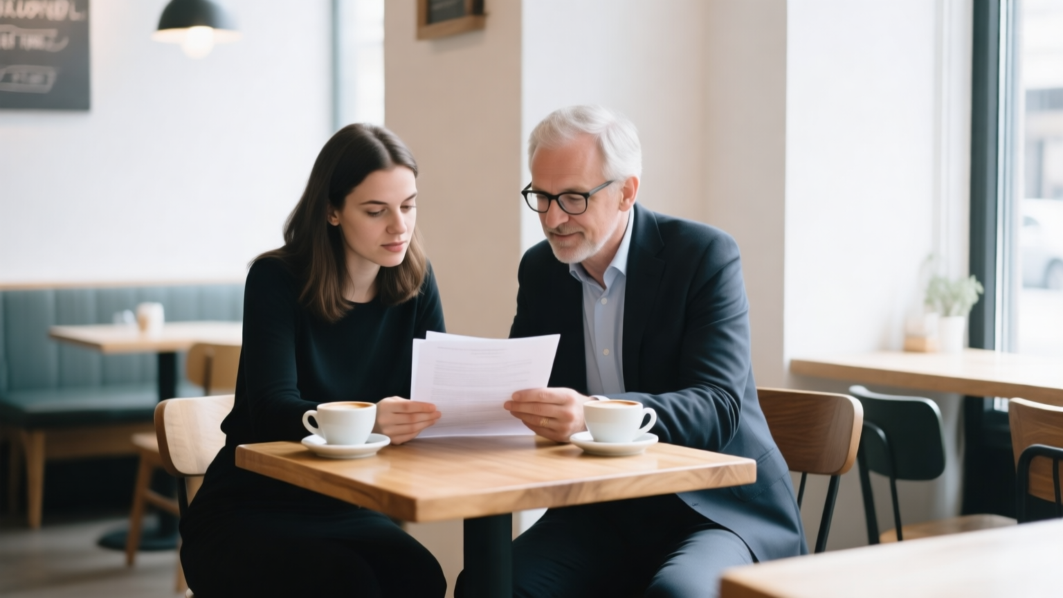A first-time founder and an advisor reading a printed document together at a small table in a bright cafe.