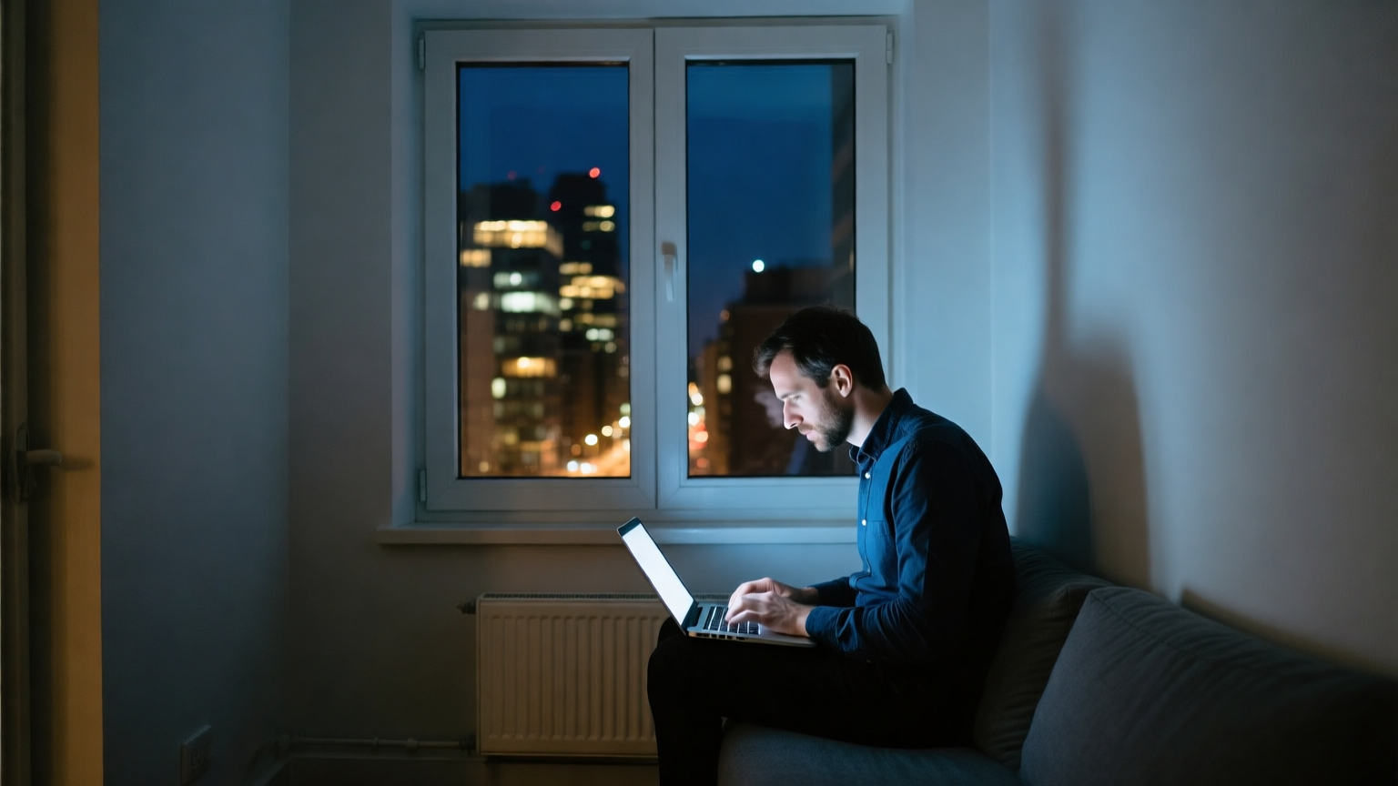 A founder working late at a laptop in a small apartment, focused and composed, city lights visible through the window