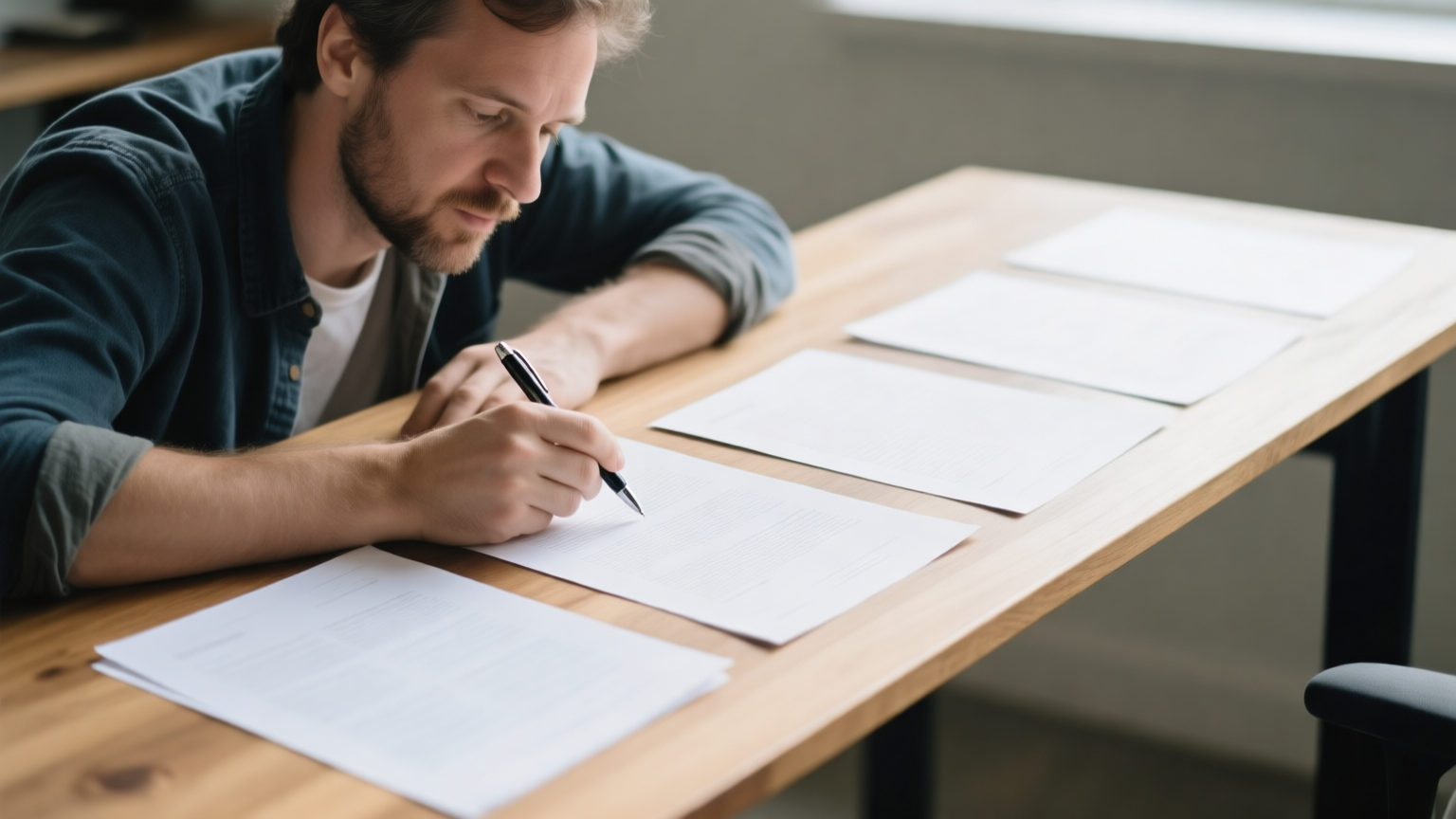 A founder laying out several printed documents side by side on a desk in daylight