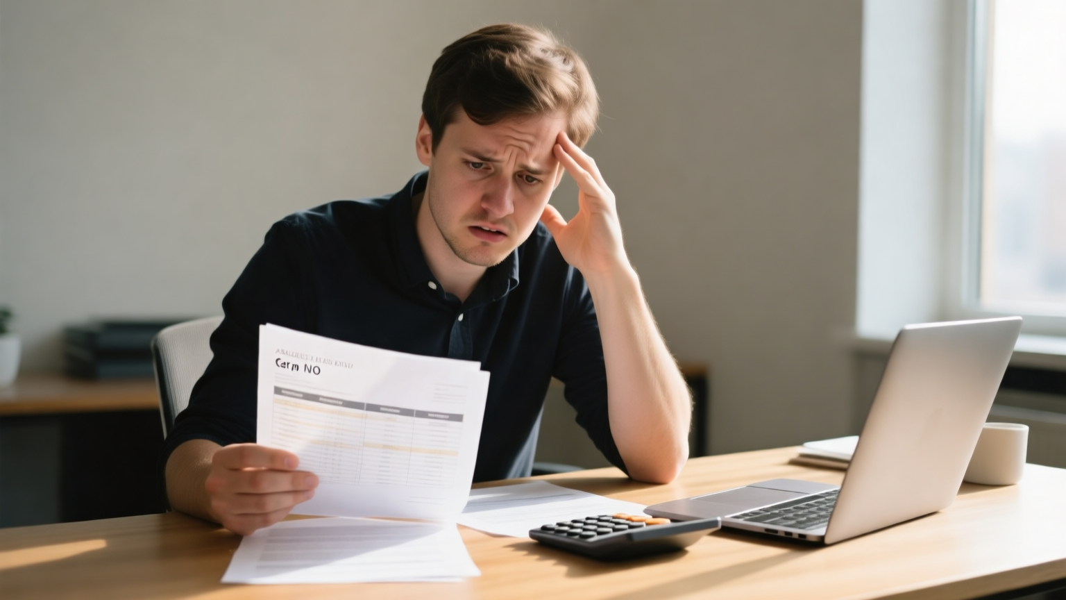 A founder reviewing a printed cap table and term sheet at a desk with a calculator and laptop