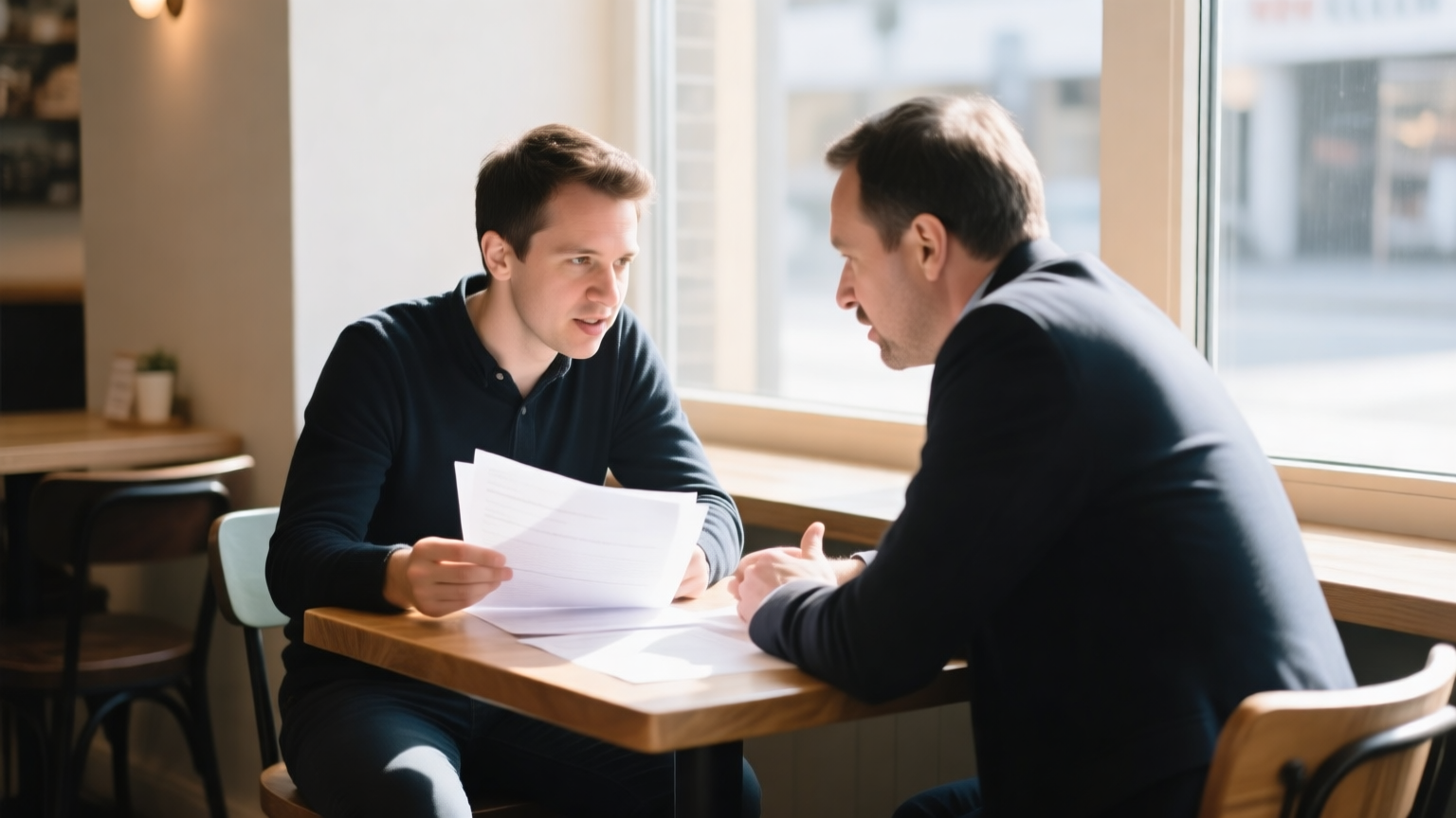 A startup founder and an advisor reviewing printed paperwork across a small cafe table in daylight.