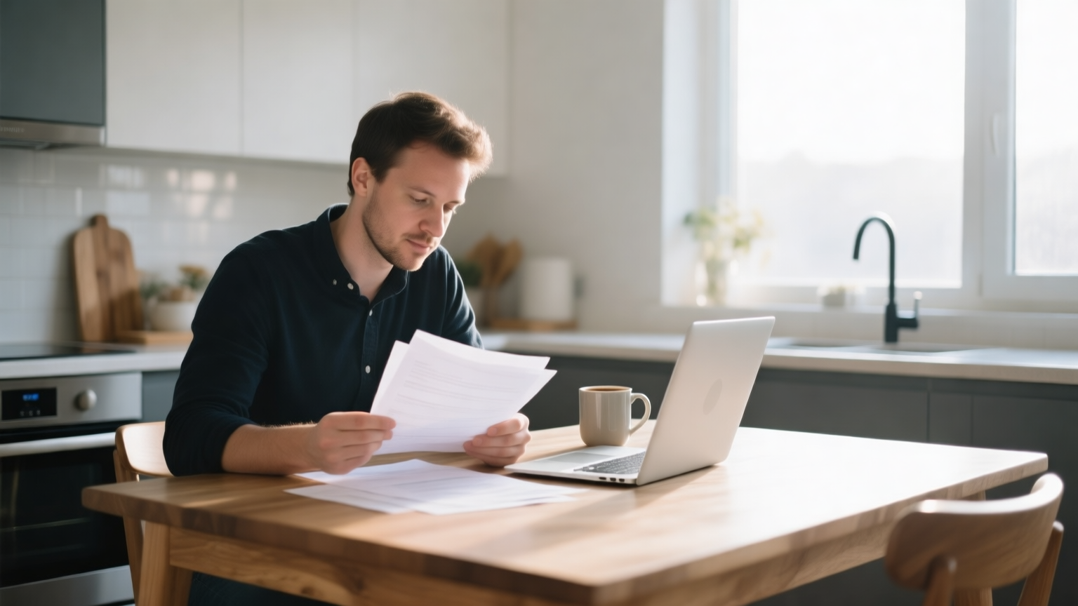 A startup founder at a kitchen table reviewing paperwork with a laptop and a coffee mug, early morning light