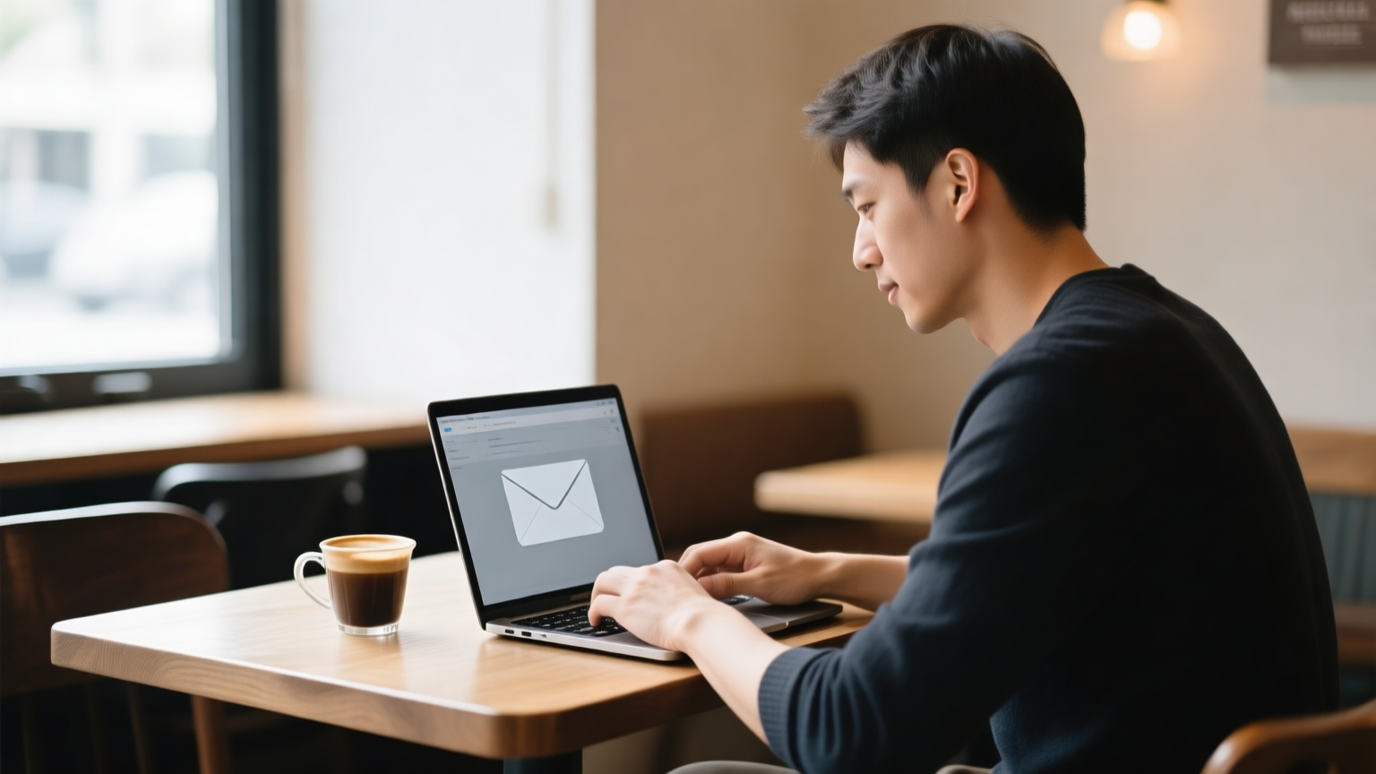 A founder composing an email on a laptop at a cafe table, coffee beside the keyboard, focused expression, soft daylight