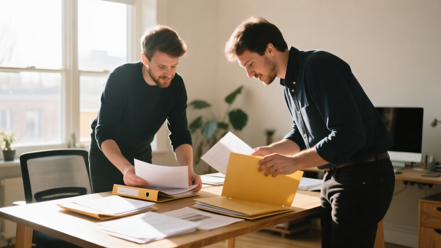 Two startup cofounders organizing printed documents into folders on a table in a sunlit home office.