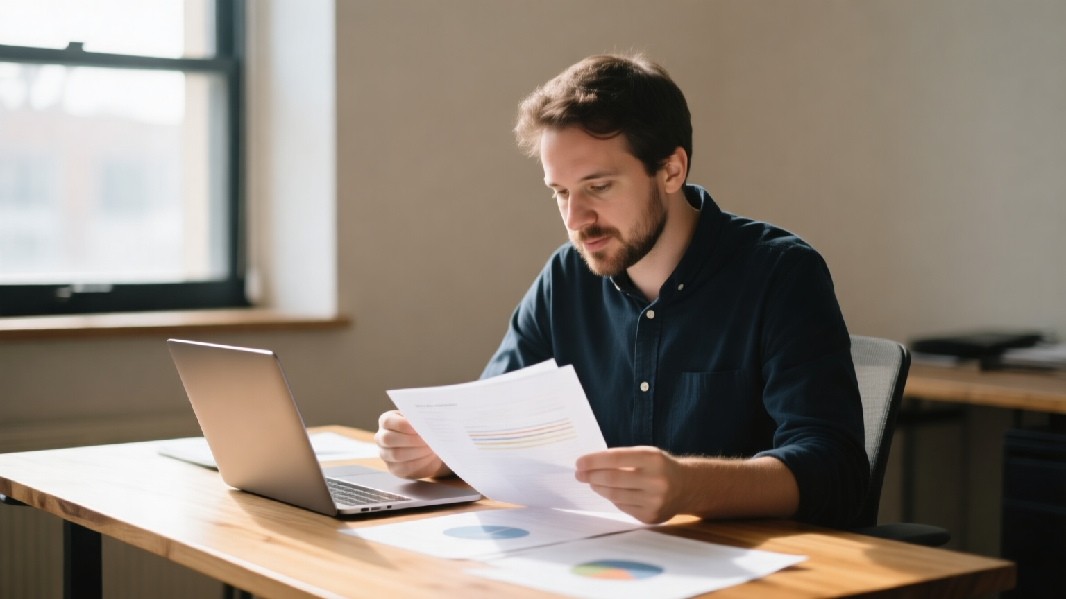 A technical founder reviewing printed fundraising documents at a desk with a laptop nearby in a bright workspace