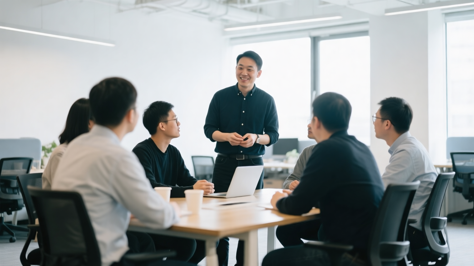 A startup mentor leading a small group of founders in a workshop around a table in a bright coworking space