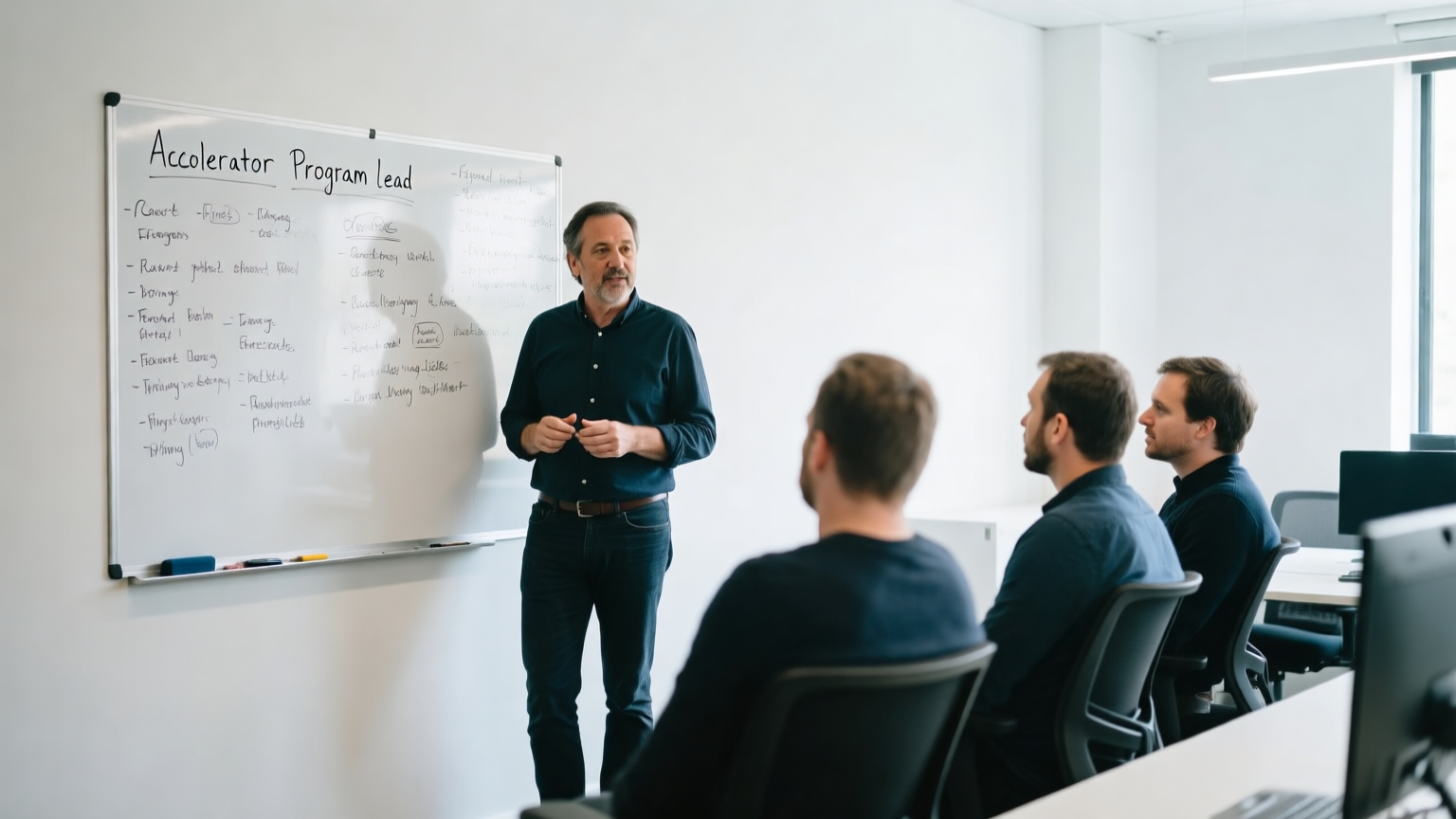 An accelerator program lead standing beside a whiteboard covered in handwritten notes, talking with three seated founders in a bright coworking space.