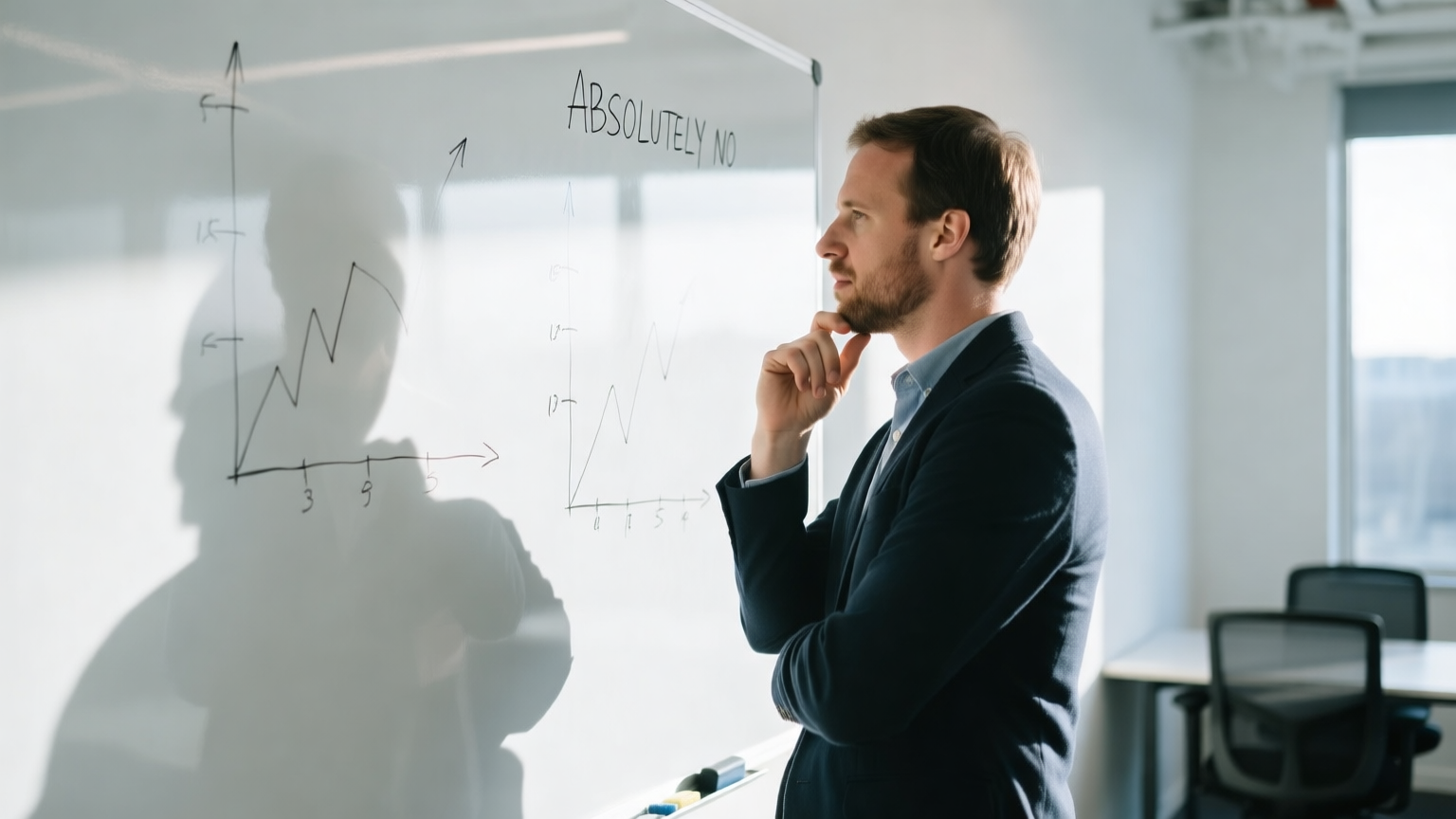 A founder standing at a whiteboard thinking through two funding stages in a startup office