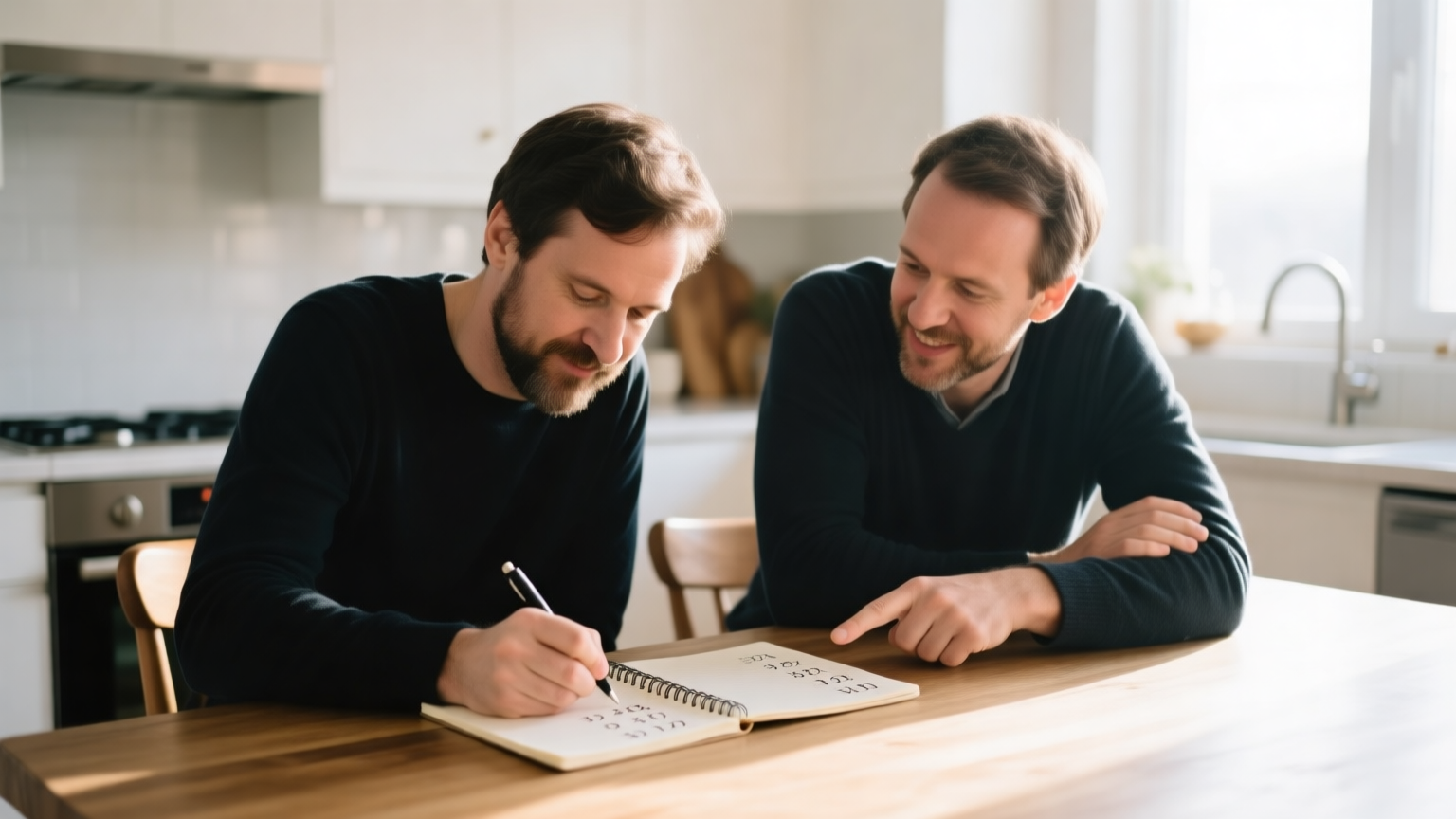 Two founders sitting together at a kitchen table working through numbers on paper in morning light