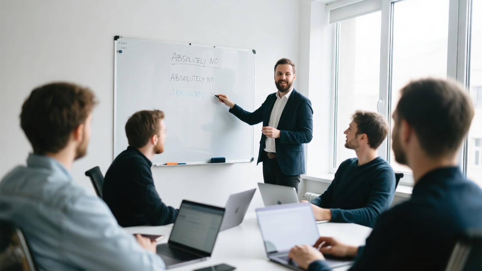A facilitator standing beside a whiteboard leading a small group of founders seated around a table with laptops open, engaged discussion, bright workshop room