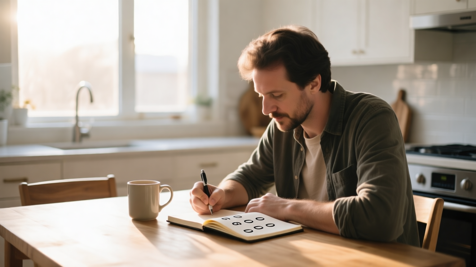 A founder working through numbers on paper at a kitchen table in morning light