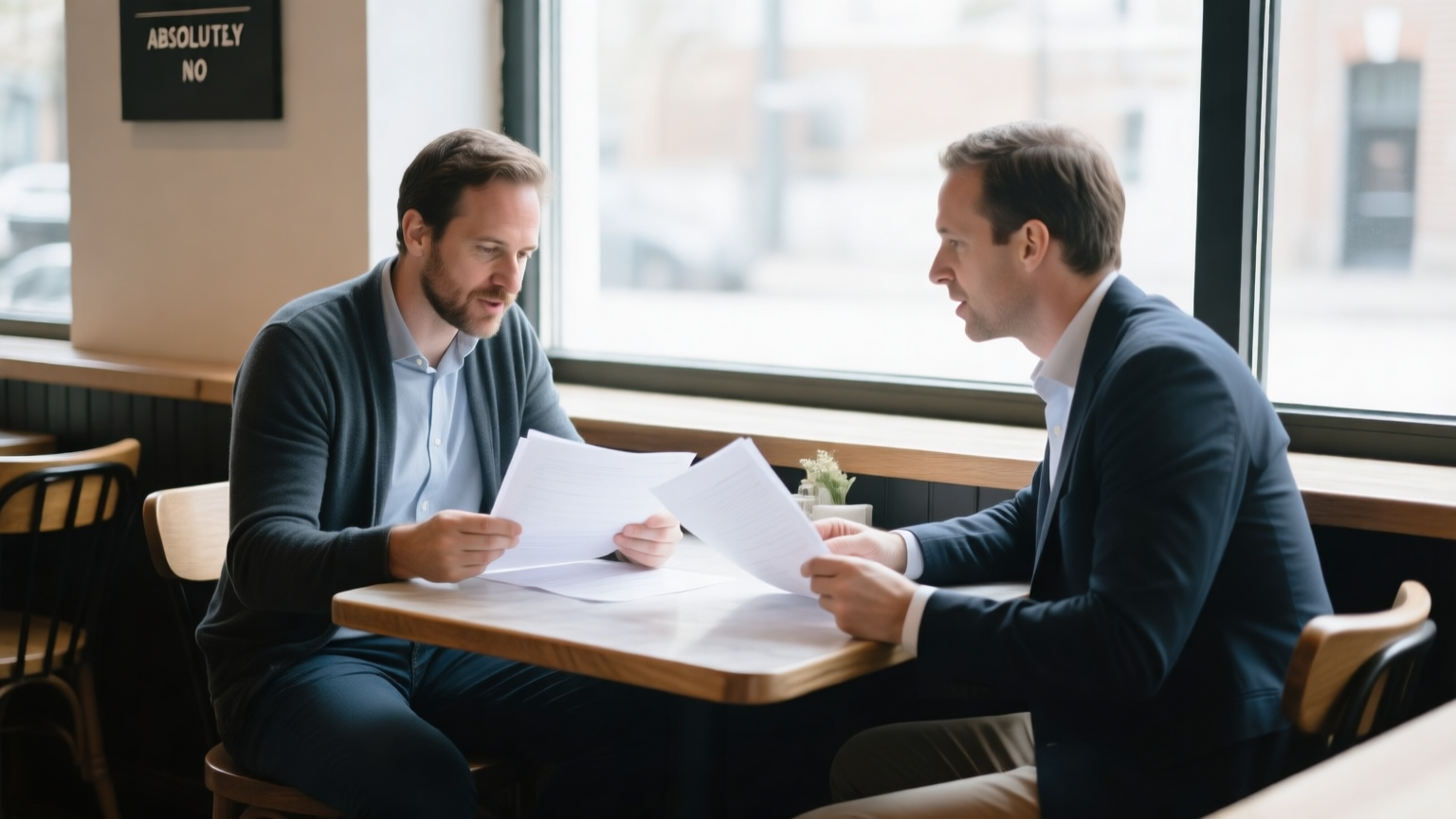 A founder and an angel investor reviewing term sheet paperwork across a cafe table