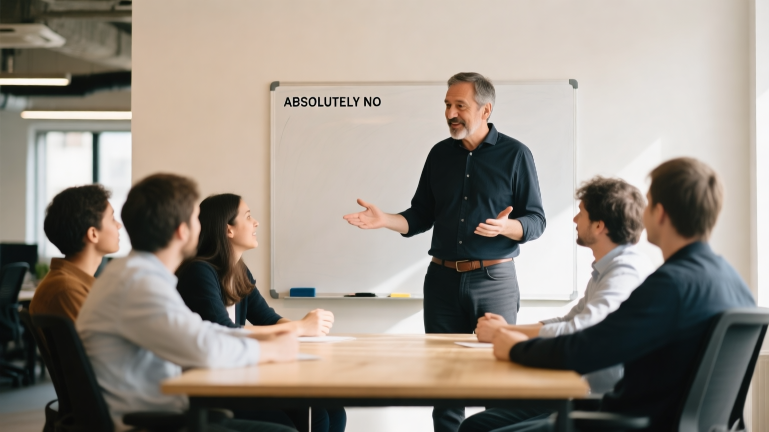 A mentor teaching a small group of early-stage founders around a table in a co-working space, whiteboard in the background.