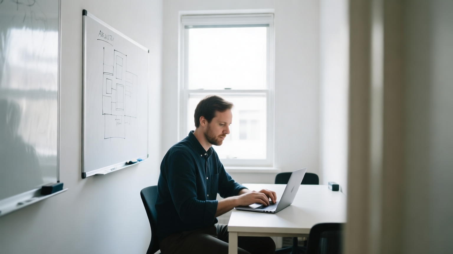 A focused founder working at a laptop in a small startup workspace, whiteboard with a simple plan behind them