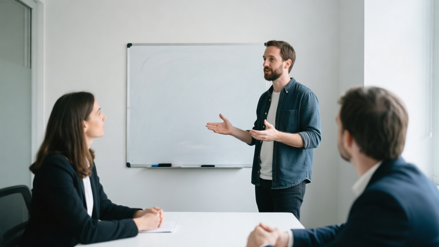 A technical founder presenting to two angel investors in a small meeting room with a whiteboard