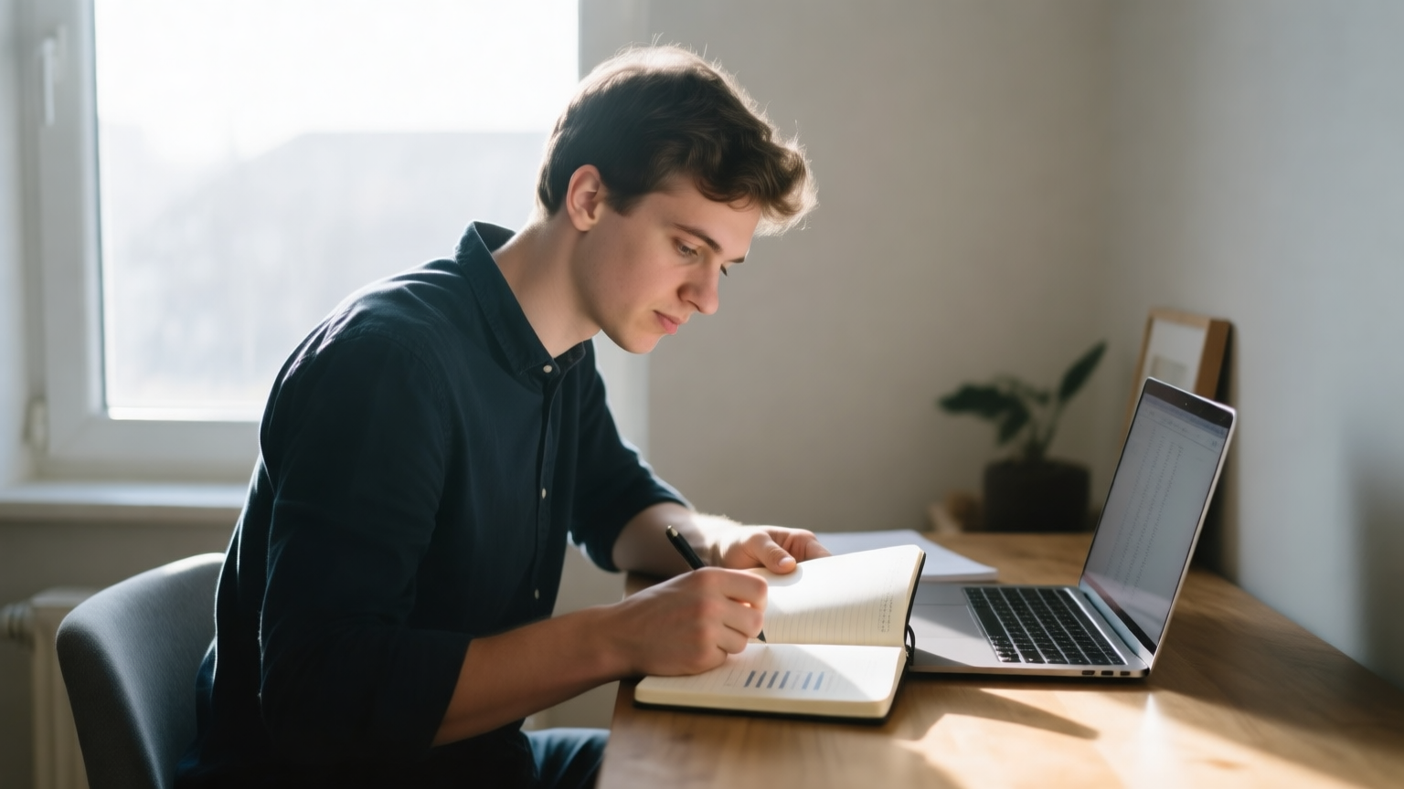 A founder working through fundraising math at a desk with a notebook and laptop in a bright home office