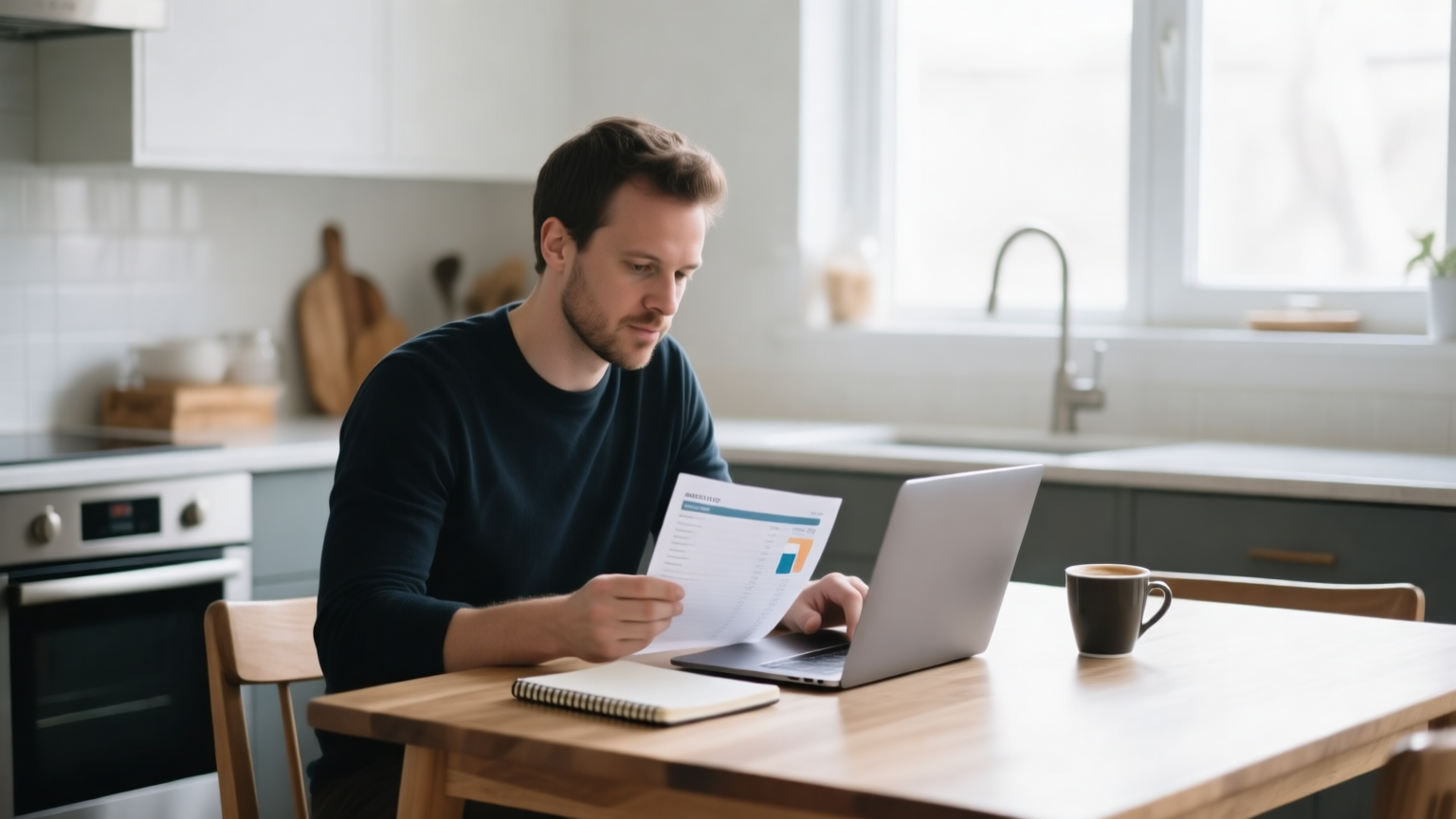A first-time founder at a kitchen table reviewing a simple budget on a laptop with a notebook and coffee.