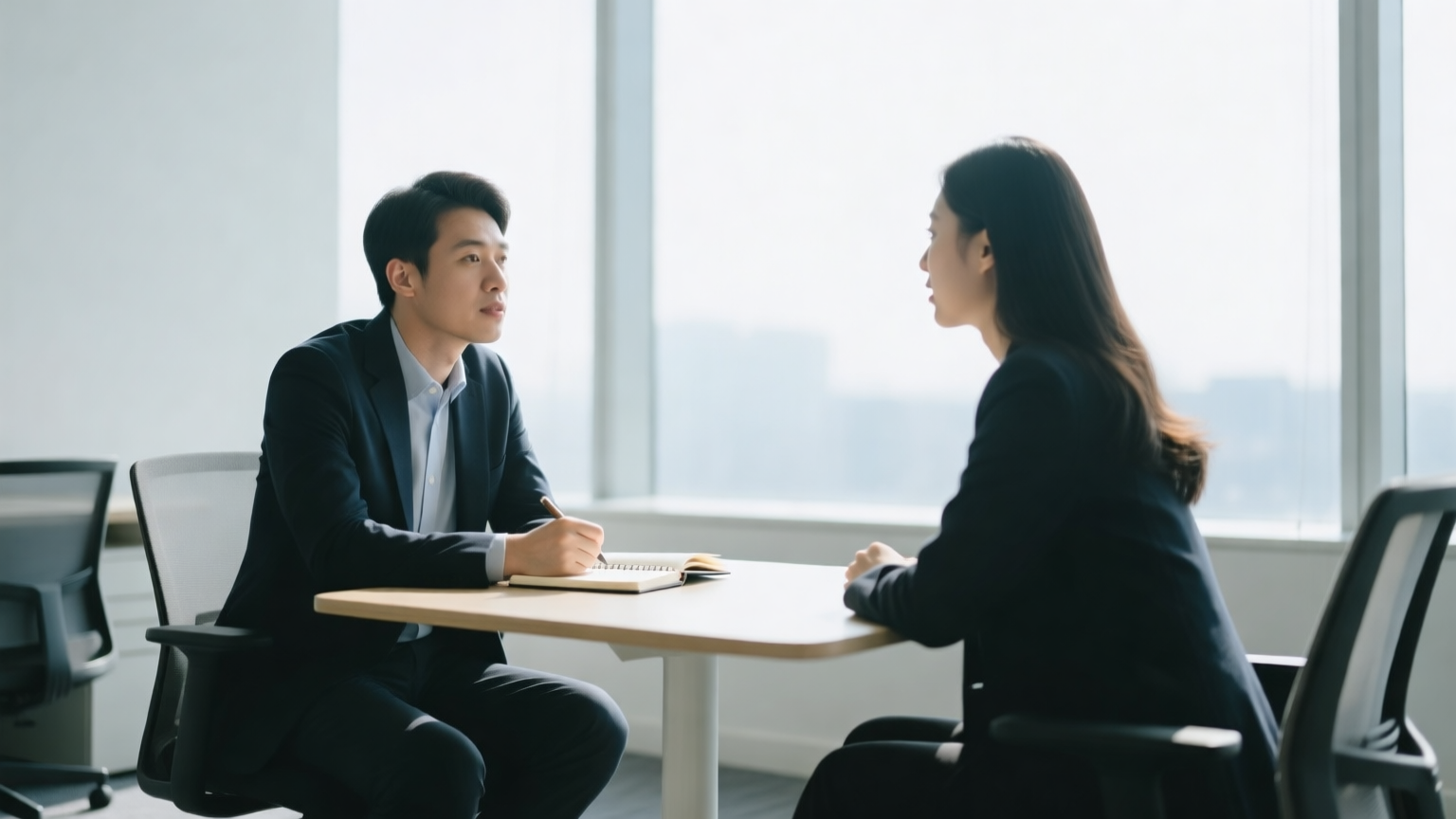 Two people in conversation across a small table in a bright office, one listening intently, notebooks between them
