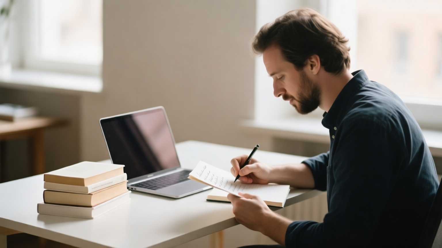 A first-time founder reading at a desk with a laptop and a short stack of books, taking notes