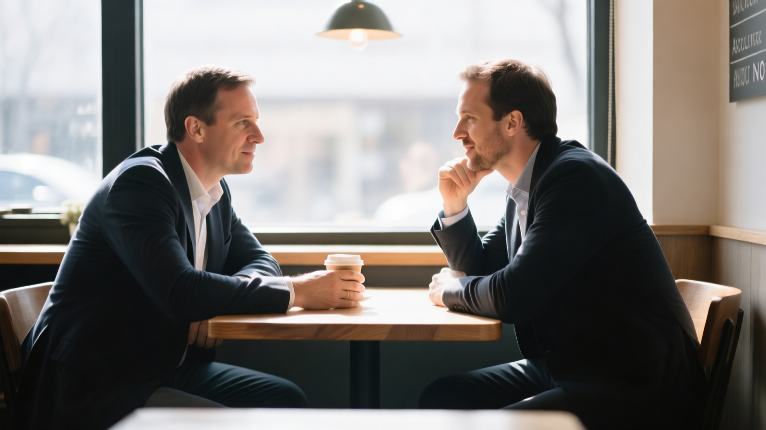 A founder and an angel investor talking across a small cafe table, both leaning in, one holding a coffee, natural daylight