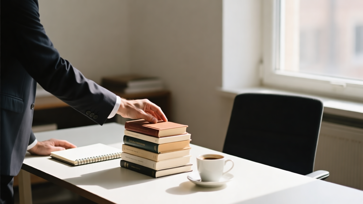A founder at a desk choosing between a small stack of business books, a notebook and coffee beside them, warm daylight