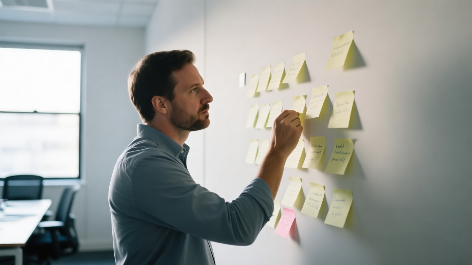 A founder reviewing notes on a wall of sticky notes, thinking through feedback, determined expression in a small office